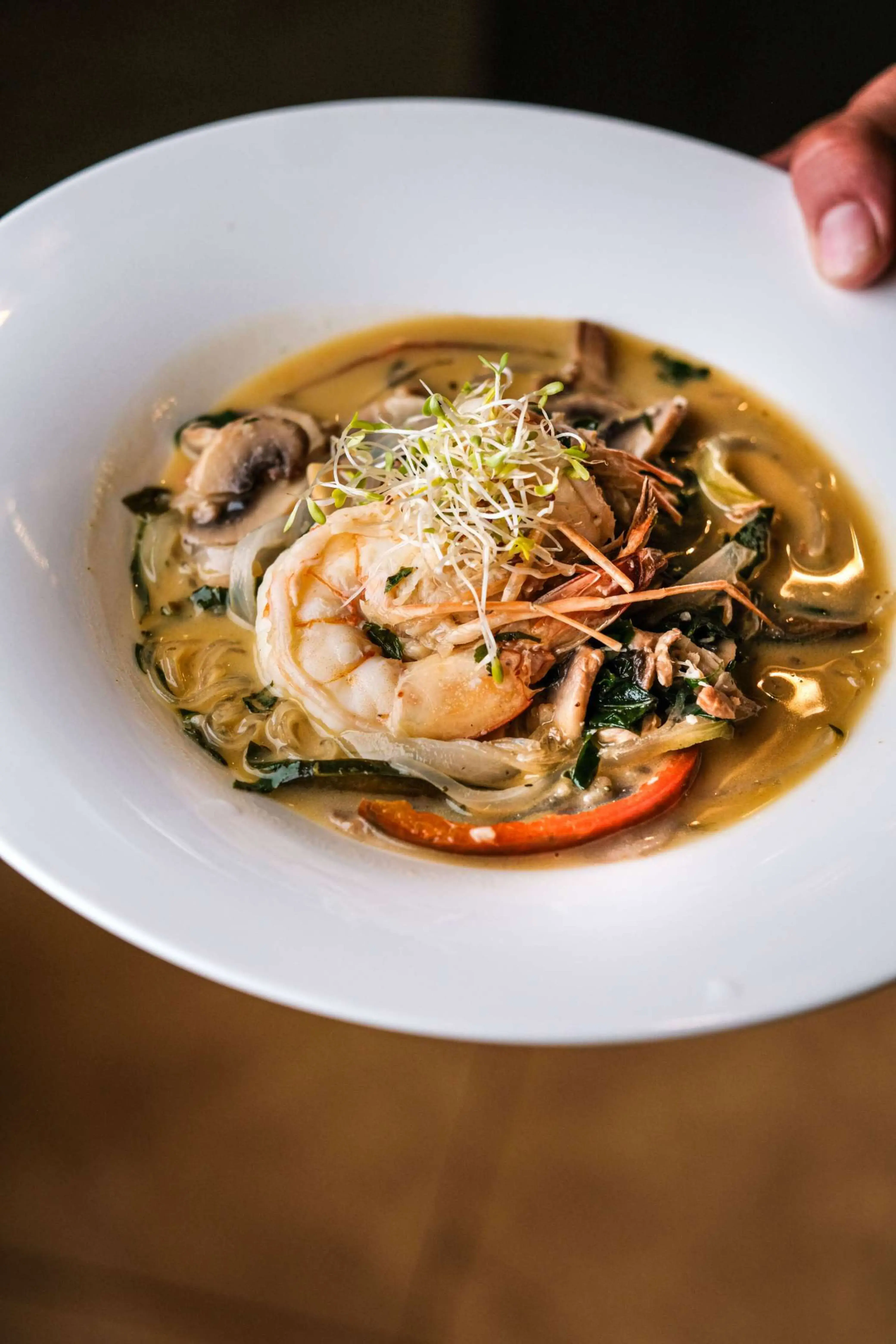 Mushroom and Shrimp Thai Soup at Zona K Atelier, restaurant in Jaco, Costa Rica